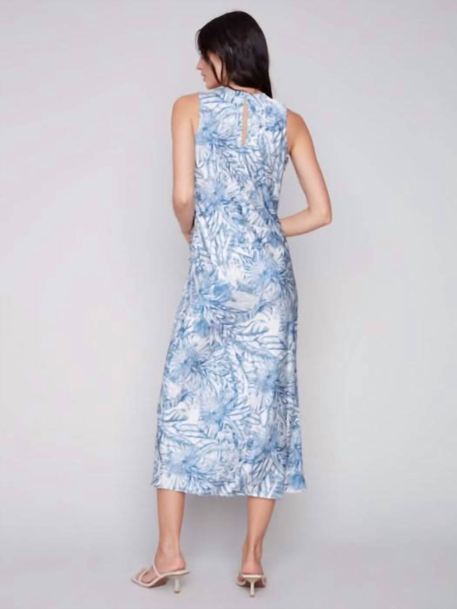 CHARLIE B Long Satin Sleeveless Dress in jungle - women's dress - detail view