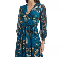 CALVIN KLEIN Printed Long-sleeve A-line Dress in teal - women's dress - view 4