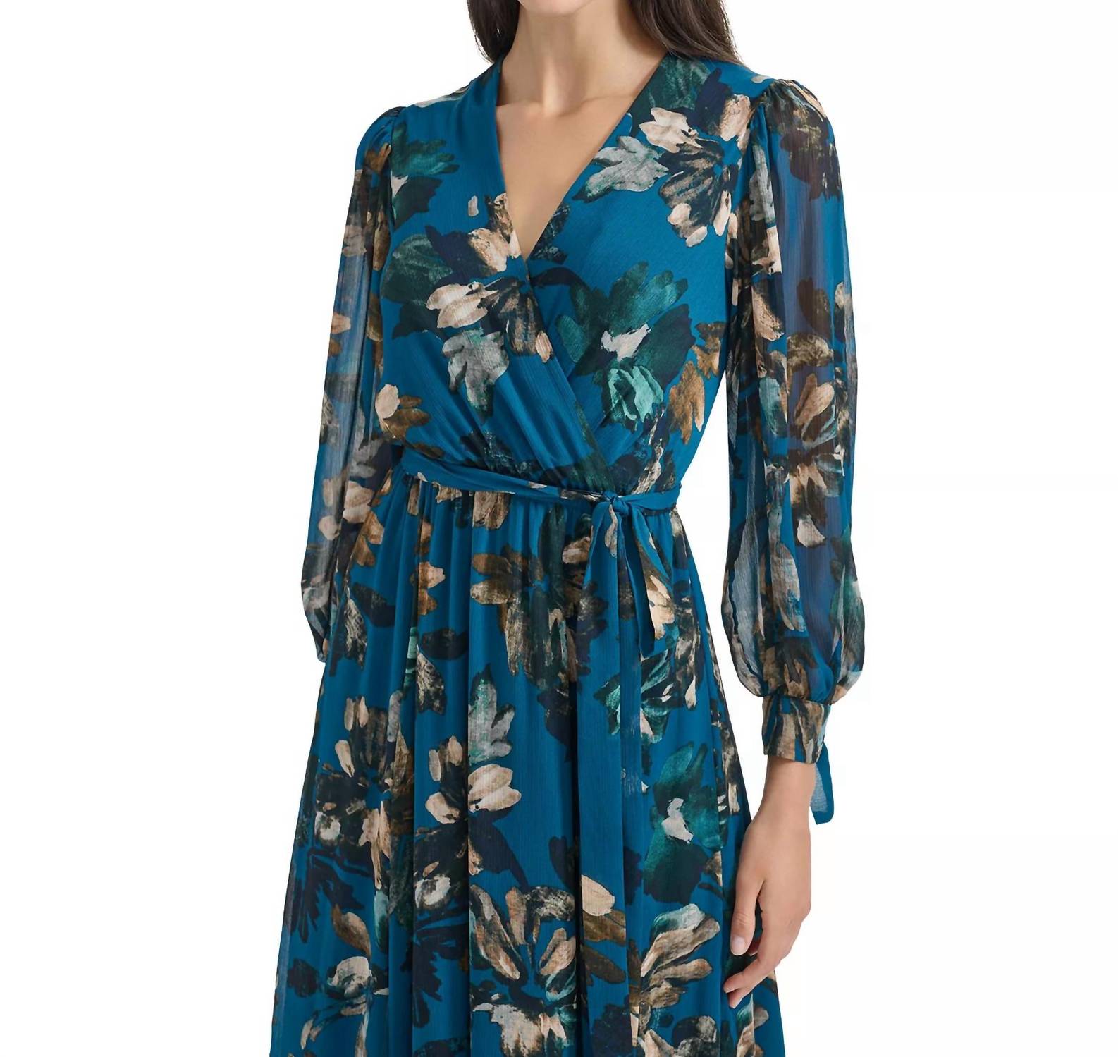 CALVIN KLEIN Printed Long-sleeve A-line Dress in teal - women's dress - view 4