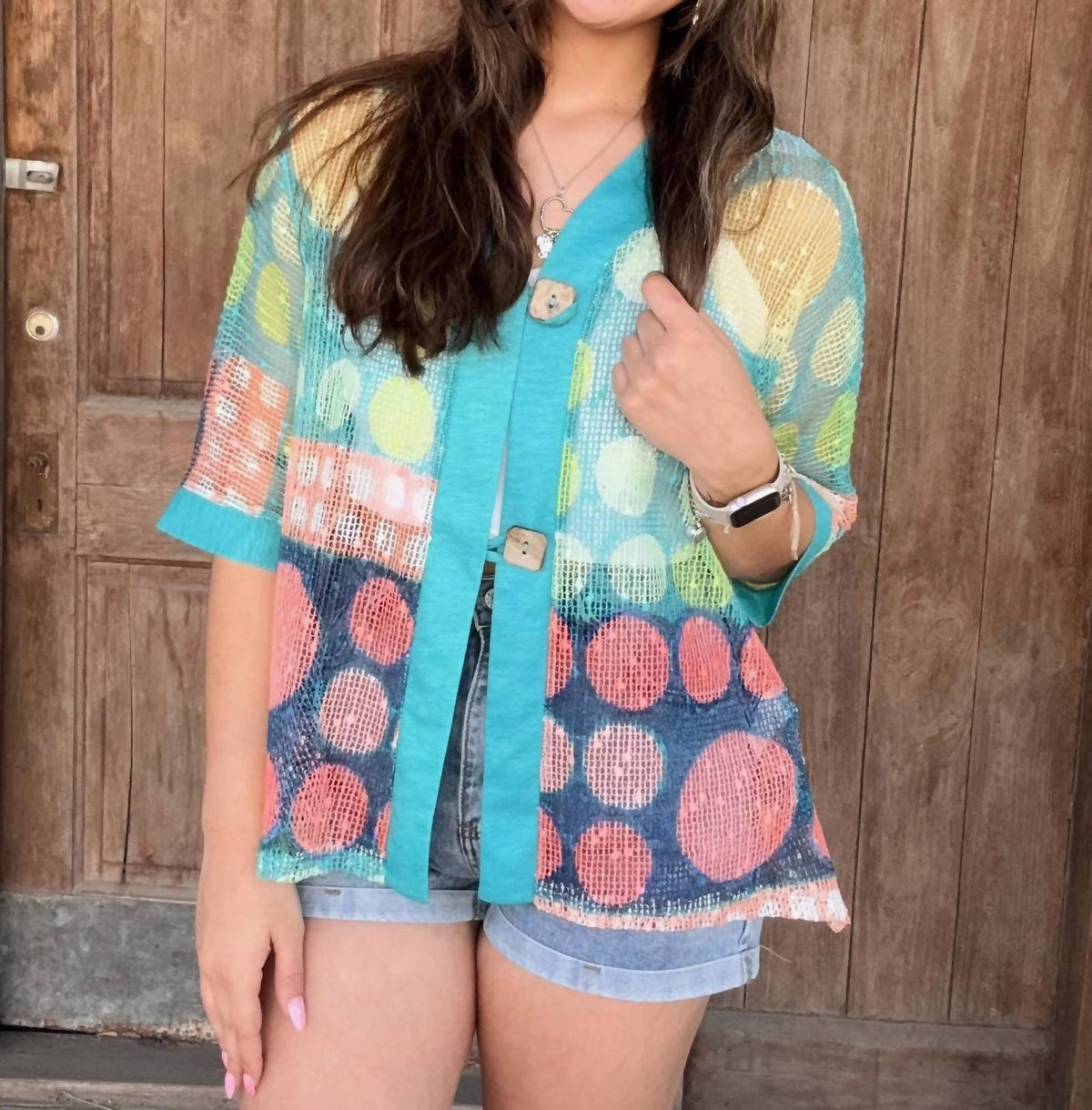 Jess & Jane - Printed Mesh Cardigan With Two Button Closure
