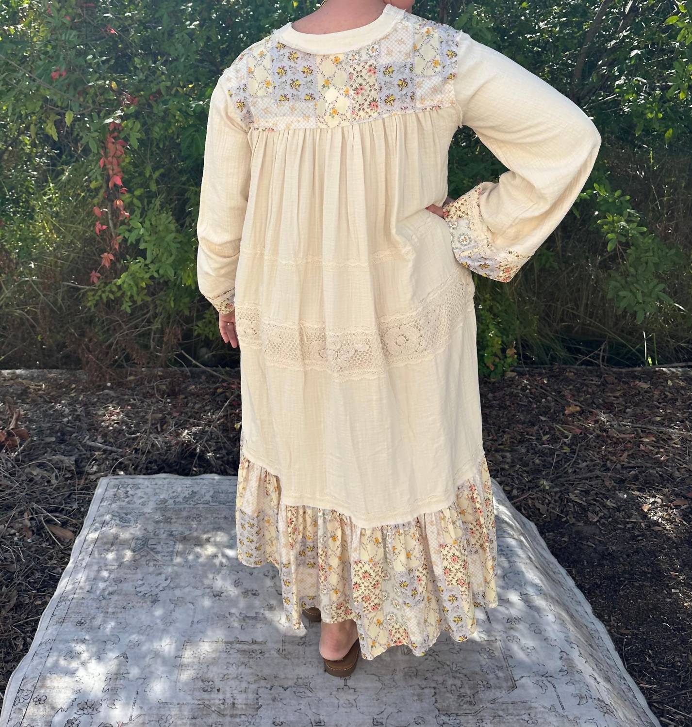 POL Long Sleeve Cotton Gauze Tiered Dress With Crochet Trim in natural - women's dress - view 6