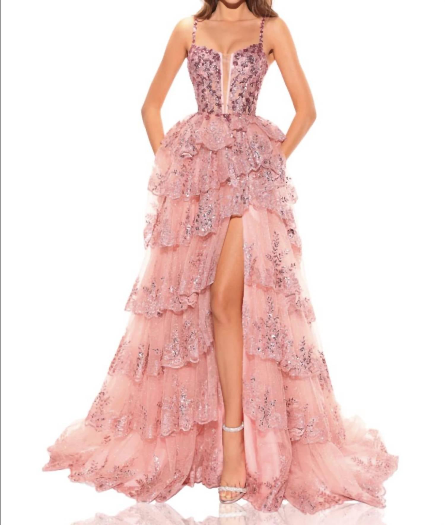 Amarra - Applique Sleeveless Tiered A-line Slit Gown