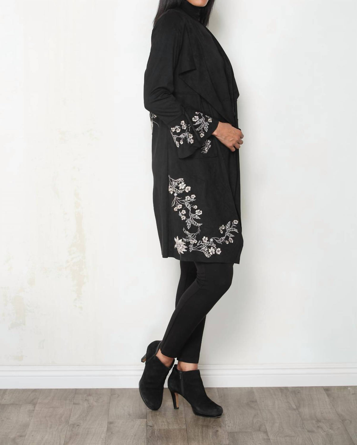 Paparazzi - Faux Suede Embroidered Drape Front Bell Sleeve Jacket