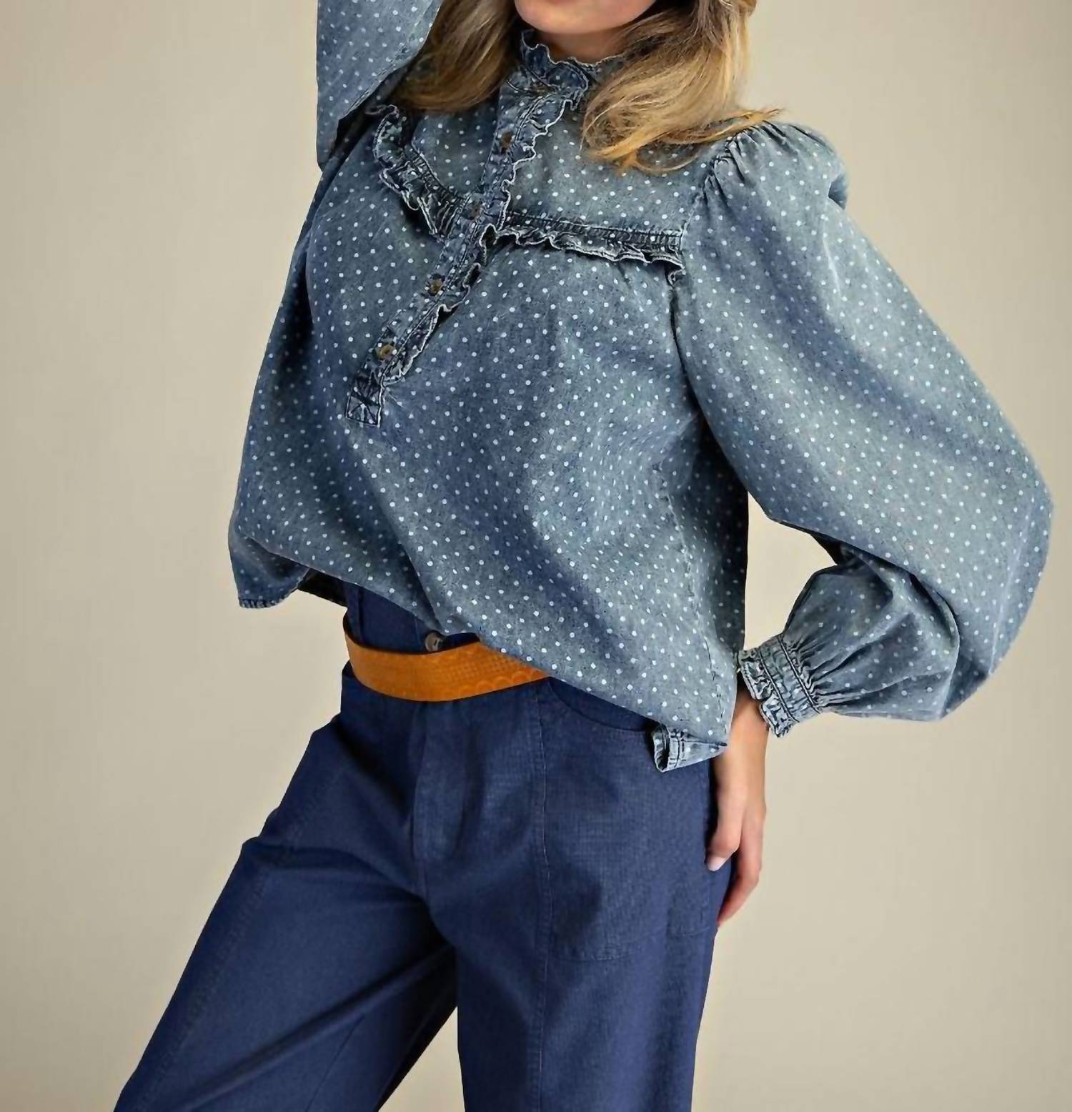 Easel POLKA DOTS WASHED BLOUSE in blue - women's blouse - view 5