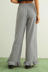 MIOU MUSE Crinkled Gingham Printed Pants With Ruffle Hem in black - women's pants