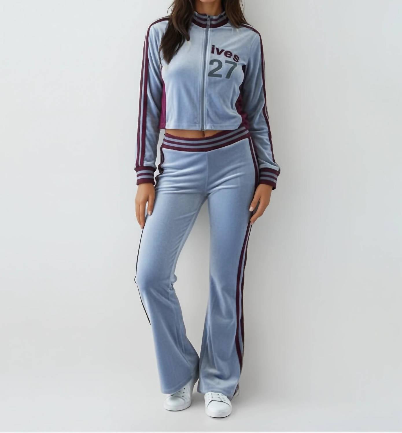 Malibu Road Velour Tracksuit Set in grey burgundy - women's sleepwear