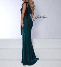 Johnathan Kayne One-shoulder Stretch Satin Evening Gown in teal - women's dress - detail view
