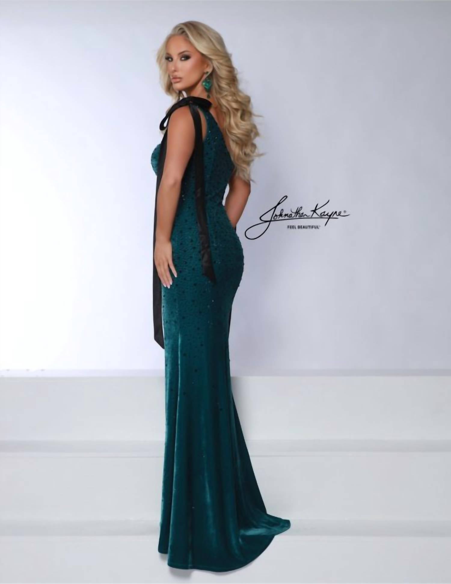 Johnathan Kayne One-shoulder Stretch Satin Evening Gown in teal - women's dress - alternate view