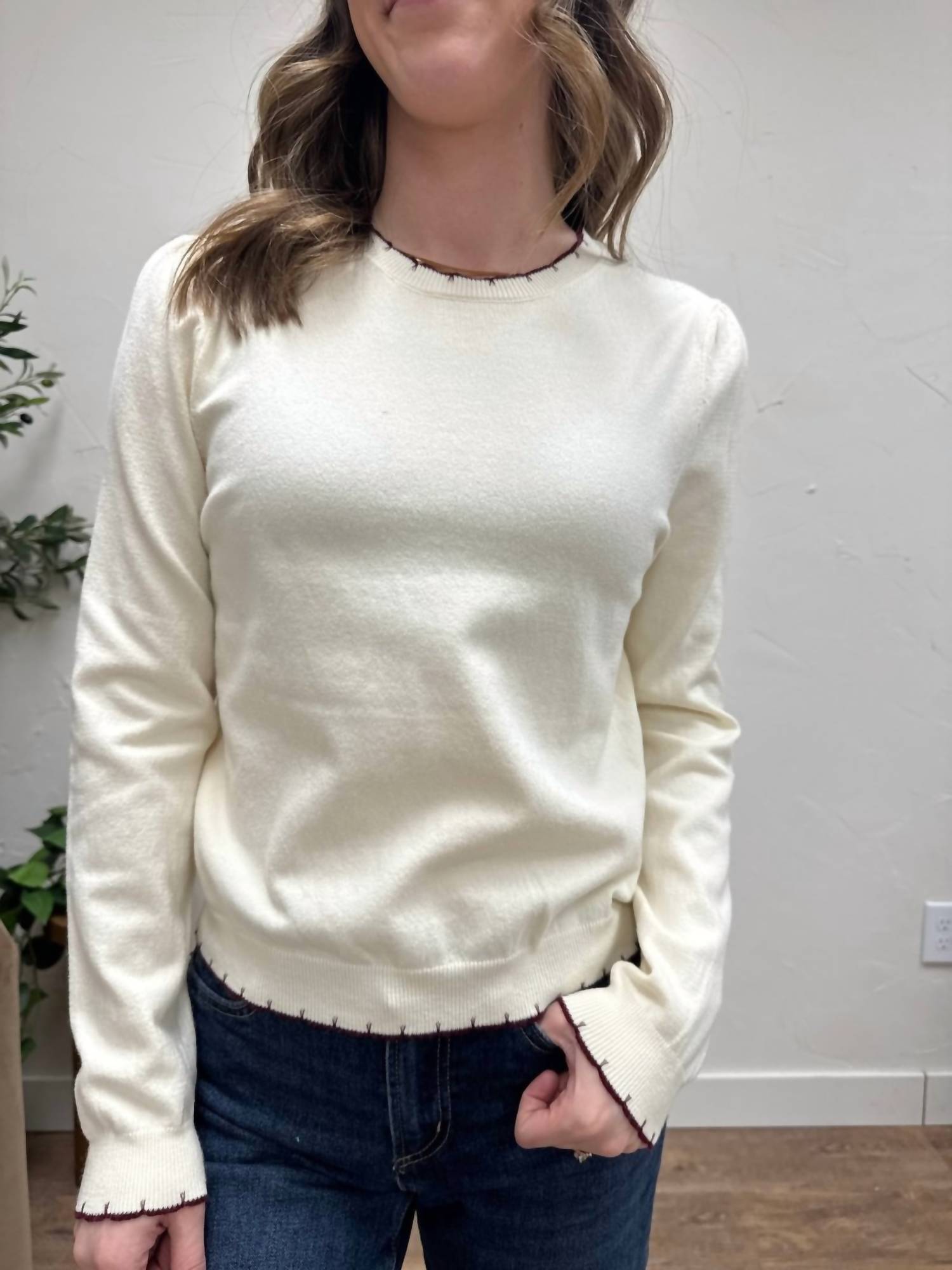 &merci Sweater With Edge Detailing Pullover in ivory wine - women's sweater