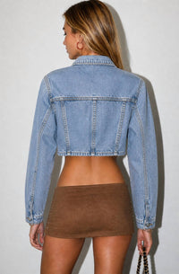 SIGNATURE8 Drop Hem Denim Jacket in medium blue - women's jacket - alternate view