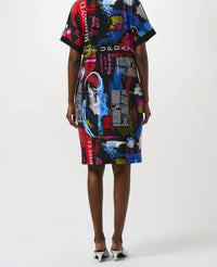 Joseph Ribkoff Word Print Scoop Neck Shift Dress in black multi - women's dress - alternate view