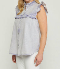 entro Denim Ruffled Top in periwinkle - women's blouse - detail view
