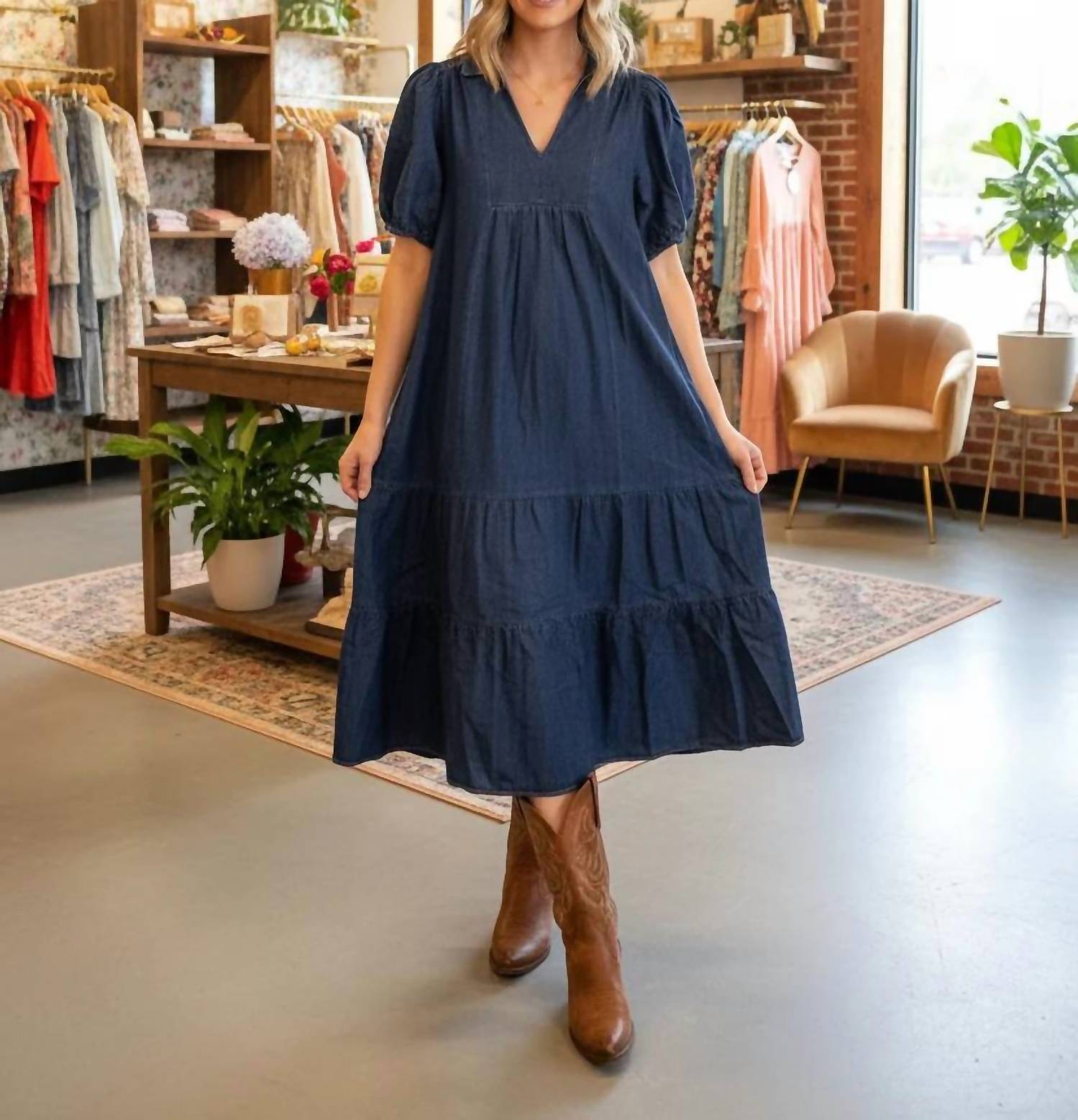 Umgee - Women's Collared V Neck Tiered Midi Dress