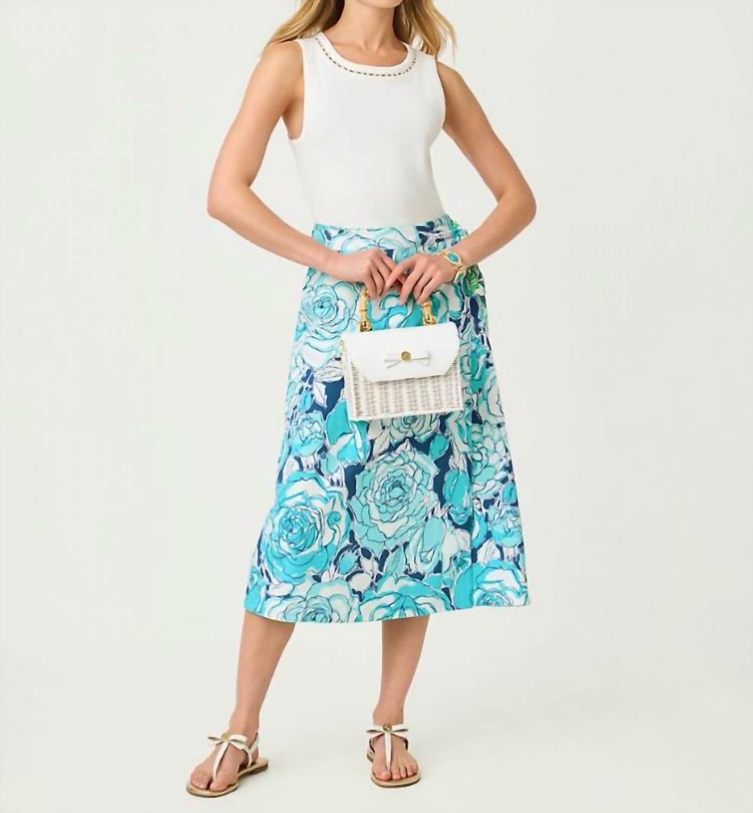 Lilly Pulitzer CONSTANCE REVERSIBLE MIDI SKIRT in green lilly of the valley capri blue rosanna - women's skirt - detail view