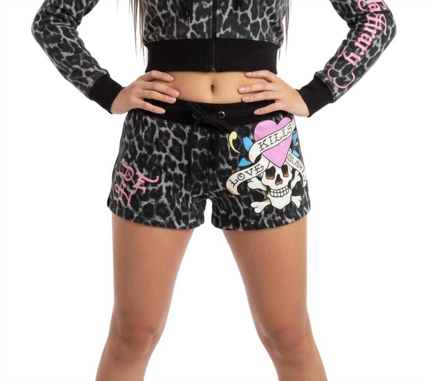 Ed Hardy Love Kills Slowly Pink Skull Zip Front Hoodie in black leopard - women's top