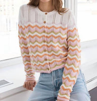 Autumn Cashmere Boxy Zig Zag Stitch Crew Neck Cardigan in latte combo - women's cardigan