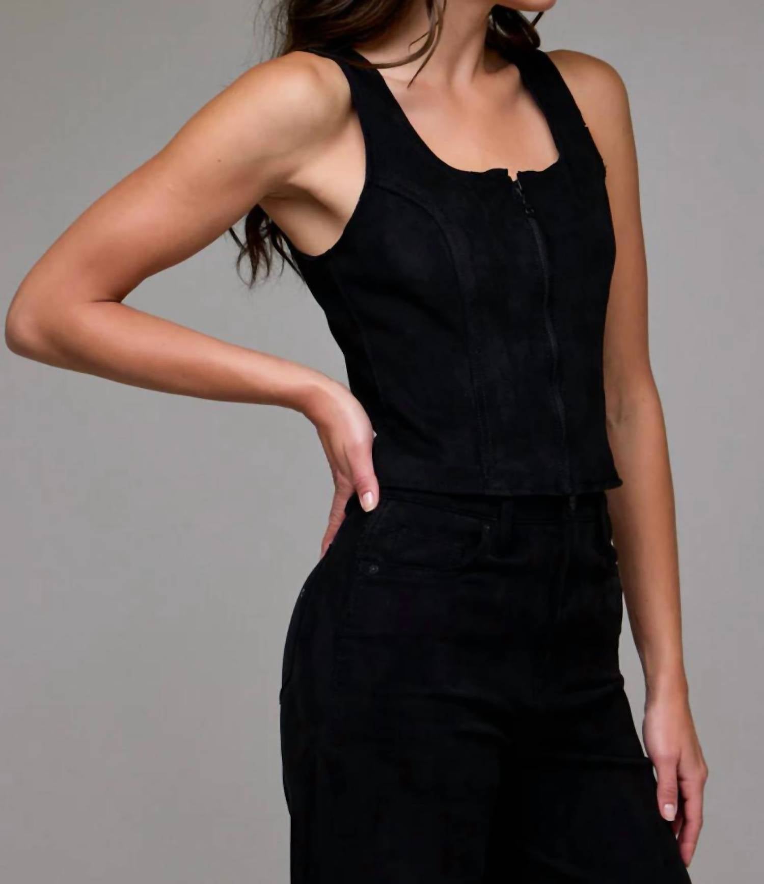 Hidden - Suede Bodycon Front Zipper Top