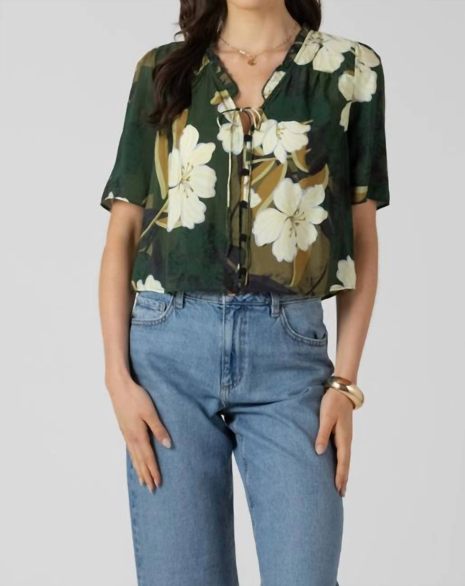 Dex Floral Flutter Sleeve Blouse in palm blossom - women's blouse