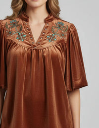 Thml - Velvet Puff Sleeve Embroidered Top
