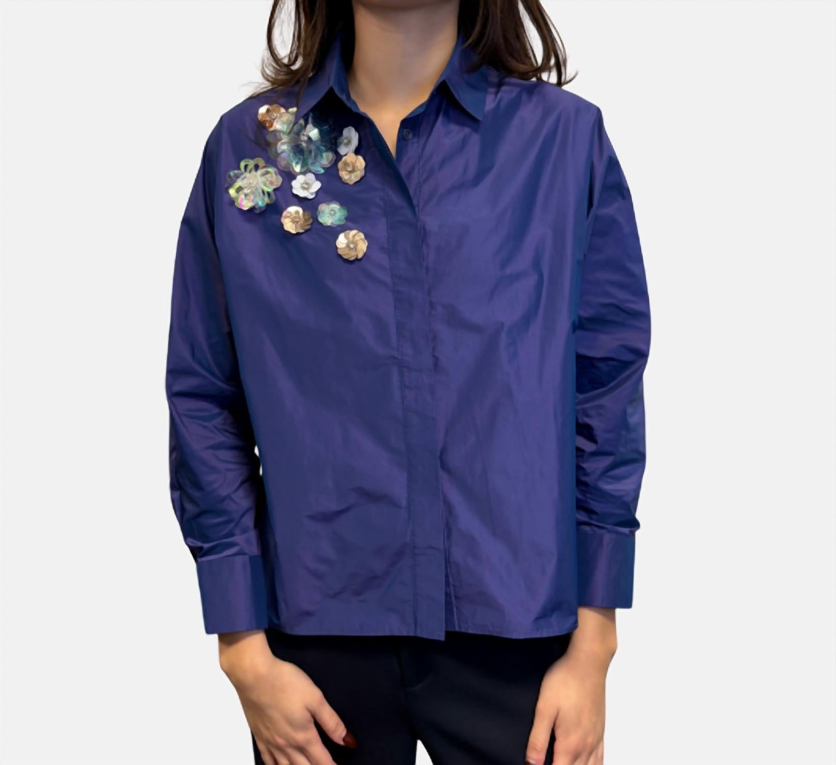 Psophia Taffeta Blouse With Flowers in hyacinth - women's blouse