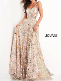 JOVANI Spaghetti Strap Sweetheart Neck Evening Dress in gold - women's dress - detail view