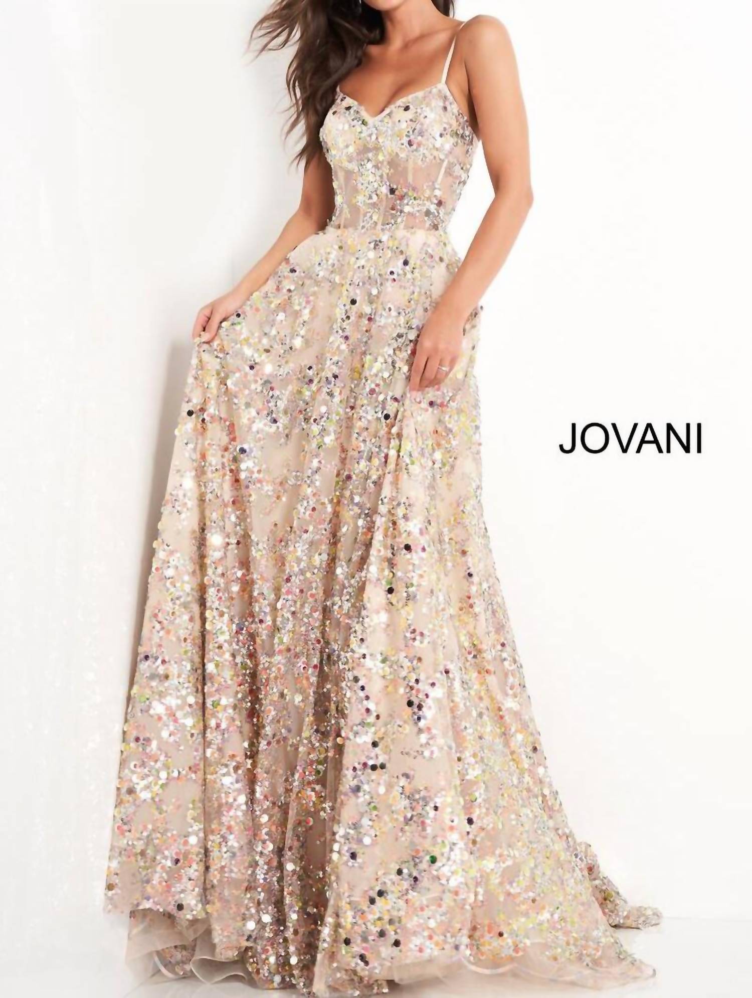 JOVANI Spaghetti Strap Sweetheart Neck Evening Dress in gold - women's dress - detail view