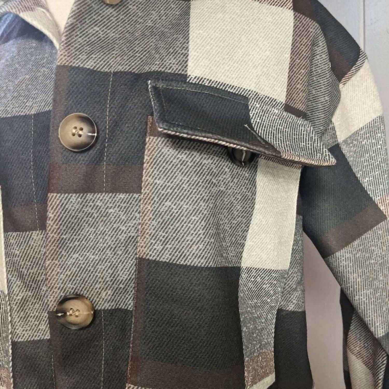 Unishe - Plaid Button Design Long Sleeve Shacket