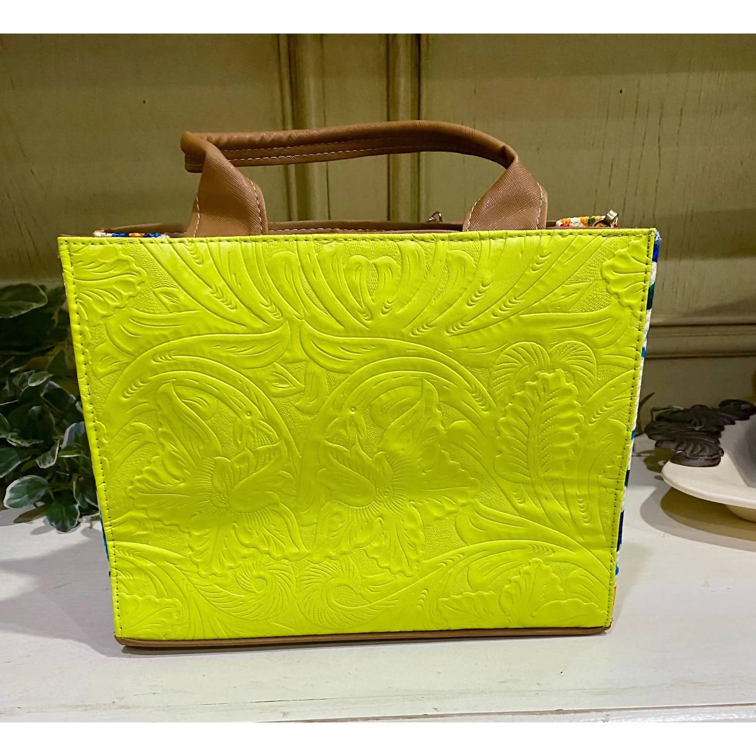 GMCE Global Trading Women's Artisanal Embroidered Look Leather Tote Bag in lime - women's bag - alternate view