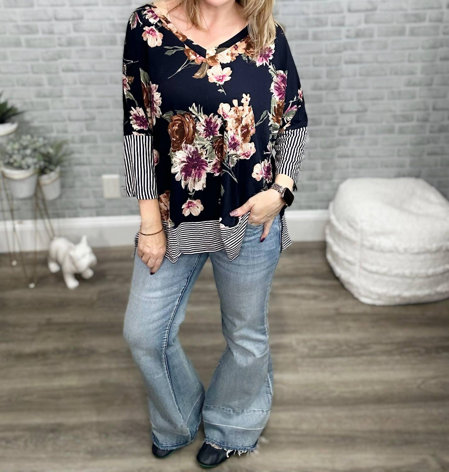 Honeyme - Floral And Stripes Top