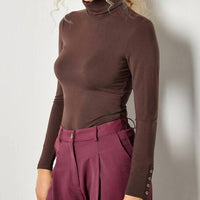 Apricot - Turtle Neck Button Cuff Top