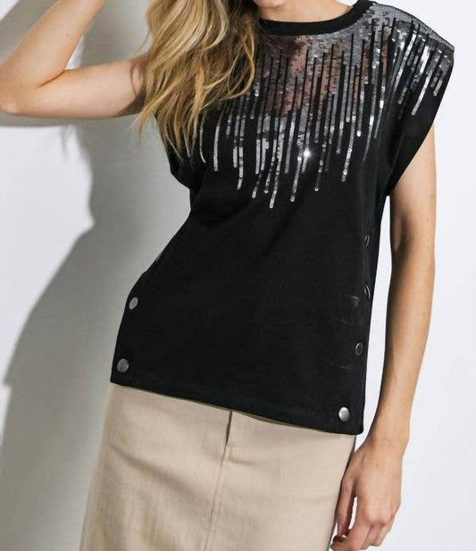 Flying Tomato - Cotton Knit Silver Sequin Detail Top