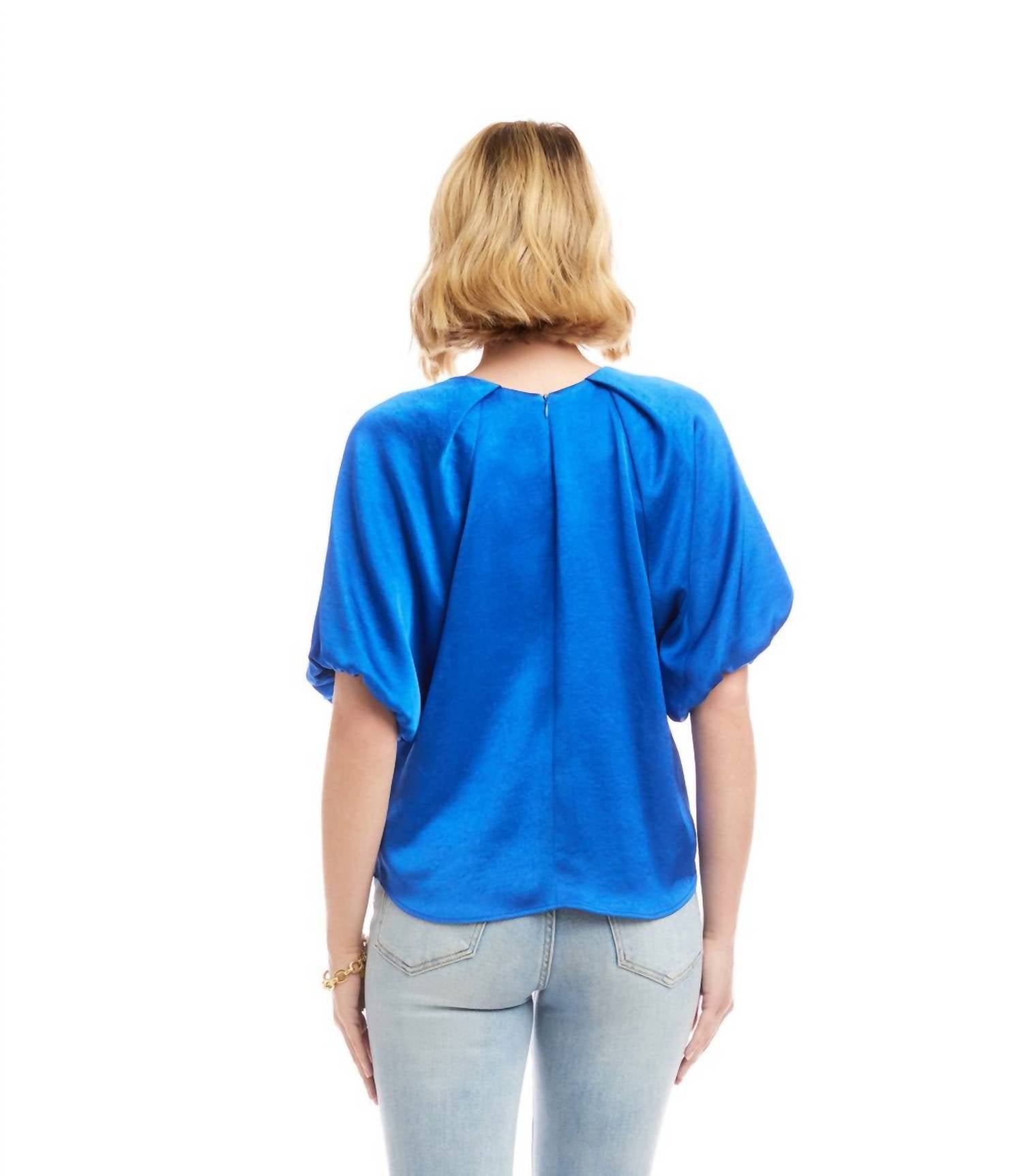 Karen Kane Puff Sleeve Satin Top in sapphire blue - women's blouse - detail view