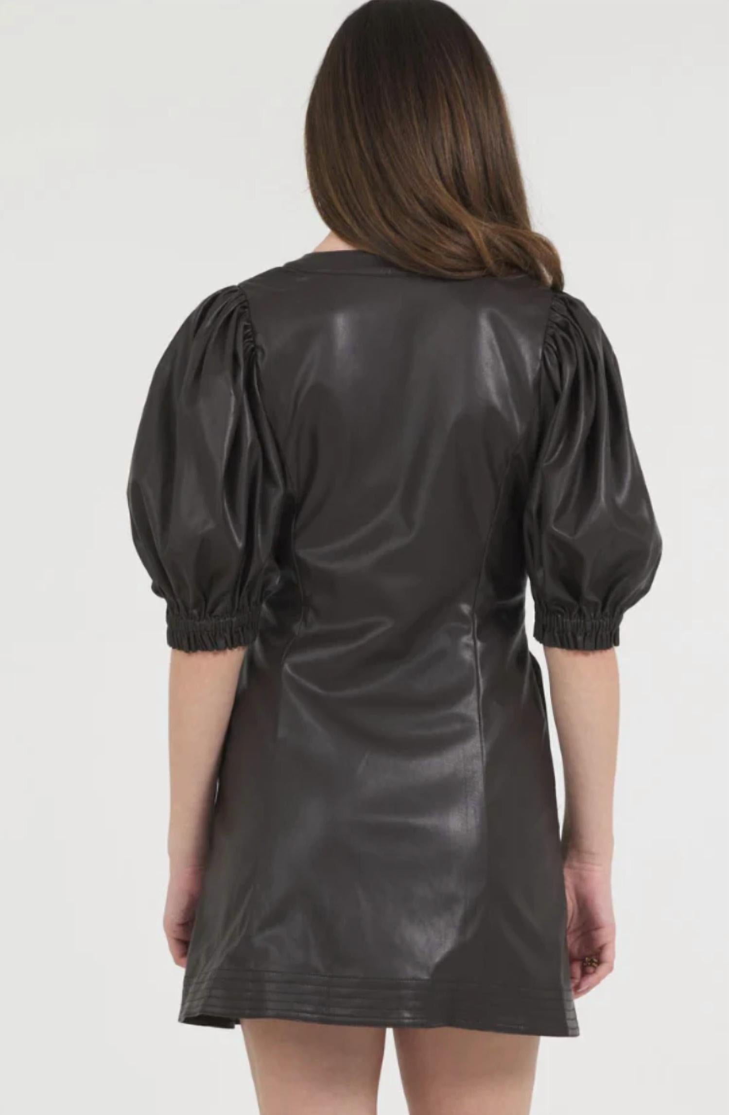 Stellah Vegan Leather Puff Sleeve Mini Dress in chocolate - women's dress - detail view