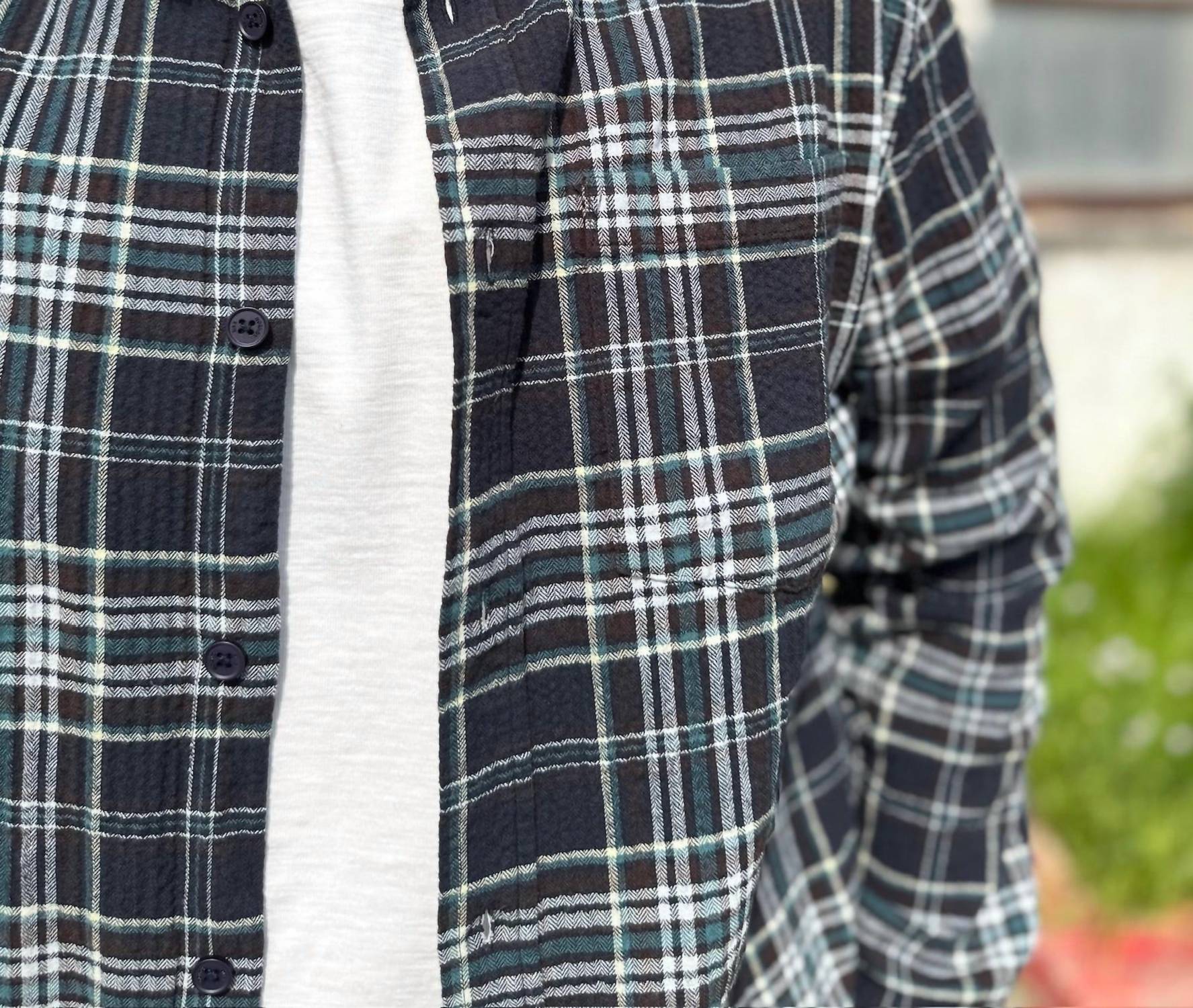 Wax London Shelly Long Sleeve Shirt in navy multi - men's long sleeve top - detail view