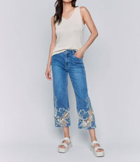 Charlie B - Crop Flare Leg Jeans With Laser Cut Lace Hem