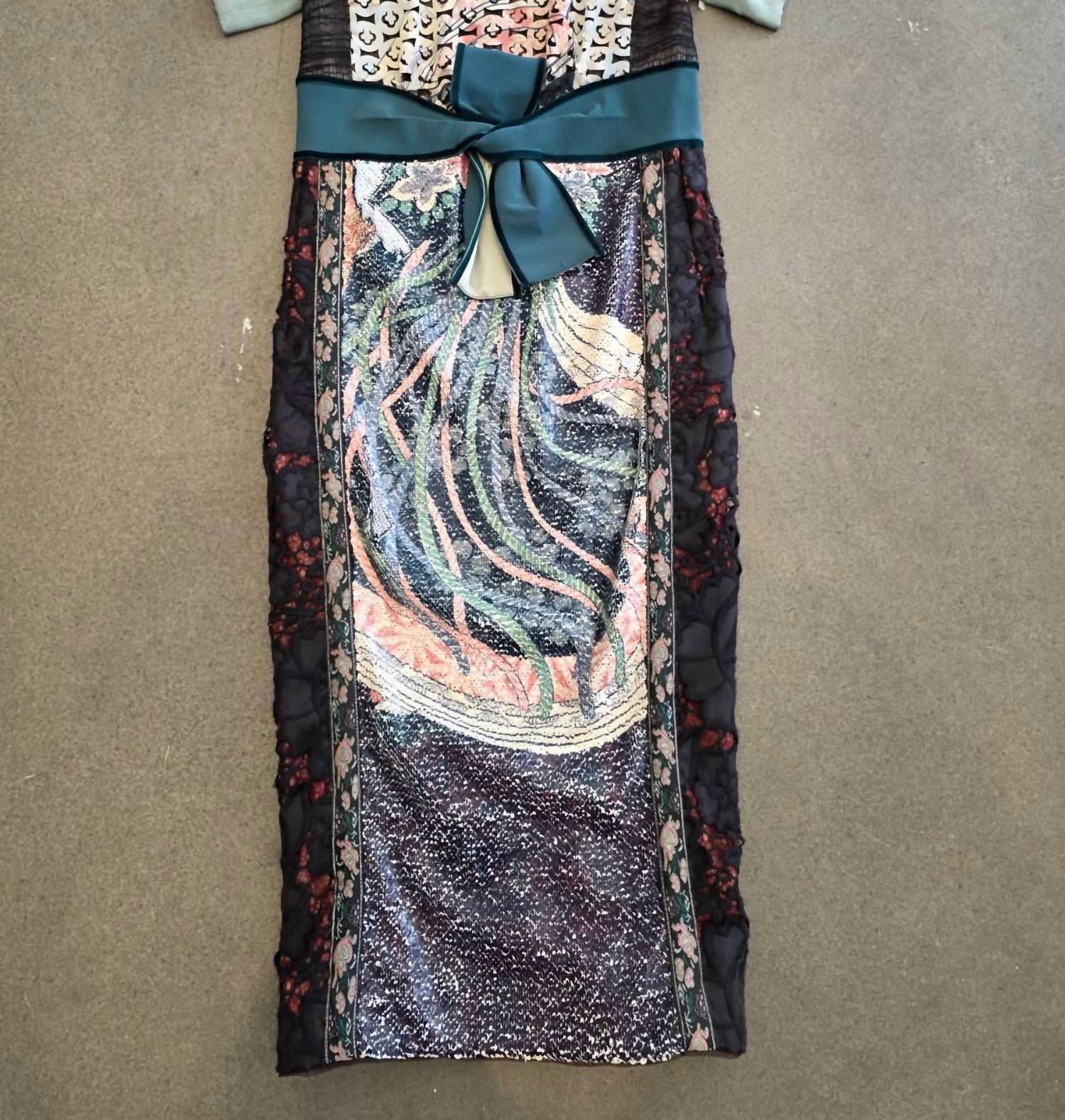 Byron Lars Printed Midi Dress With Waist Tie Belt in mist - women's dress - detail view