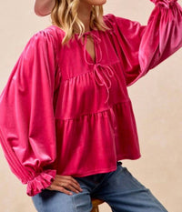 LovLov Sweetheart Velvet Bow Top in pink - women's blouse - detail view