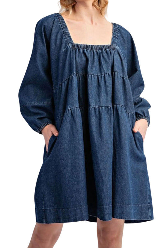 Gigio - Tiered Denim Long Sleeve Dress