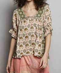 POL Feminine Beads Trim Accent Woven Top in sand multi - women's blouse