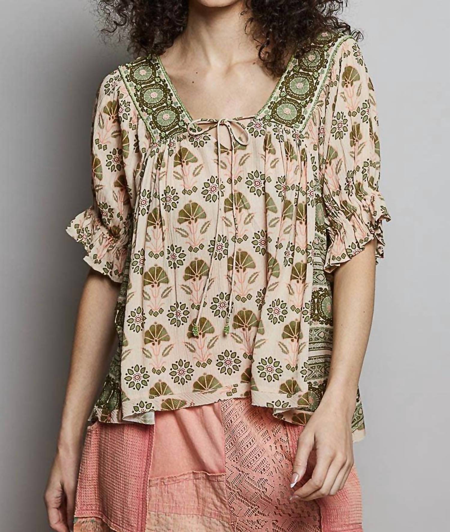 POL Feminine Beads Trim Accent Woven Top in sand multi - women's blouse