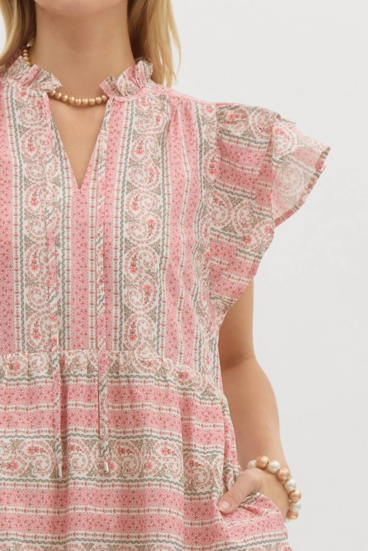 entro Ruffle Sleeve Tiered Mini Dress in pink paisley - women's dress - view 4