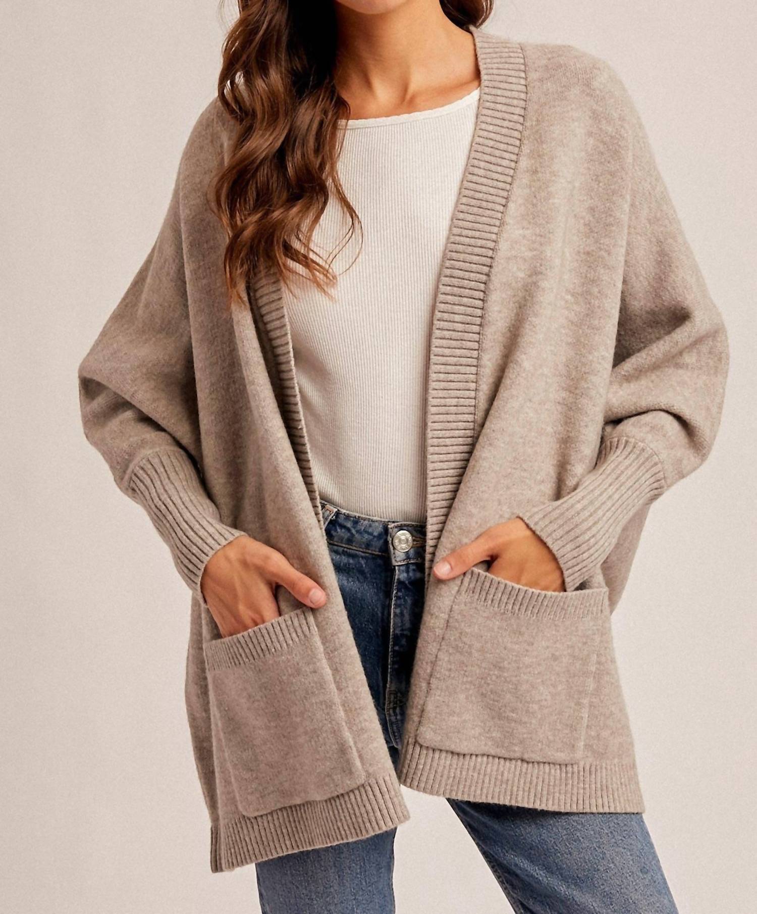 Hem & Thread Callie Dolman Sleeve Hoodie Cardigan in taupe 1 - women's cardigan