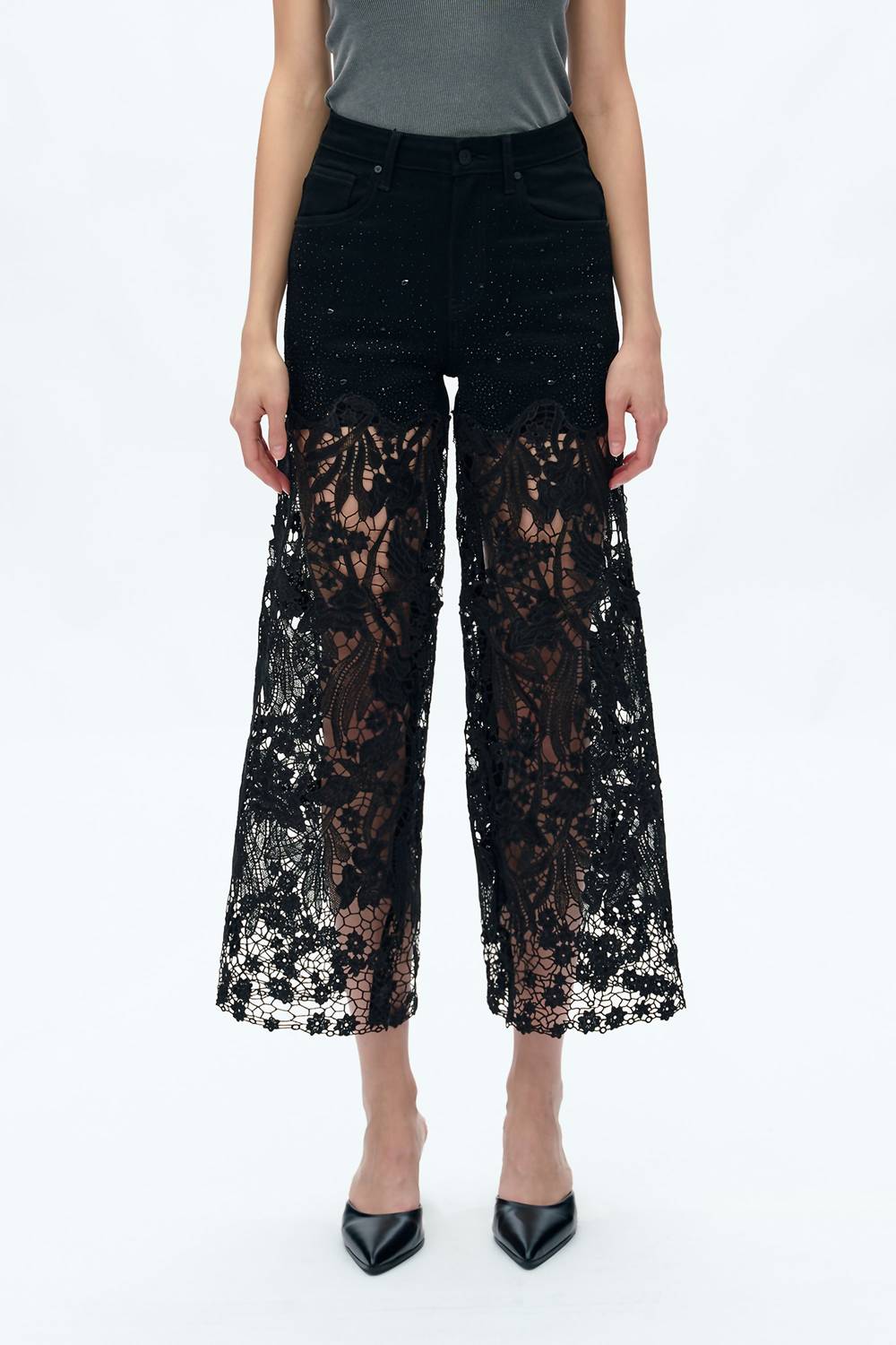 Bayeas - Women's Crystal Embellished Lace Jeans