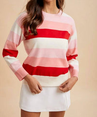 AnnieWear Valentine Color Block Stripe Sweater in pink stripe - women's sweater