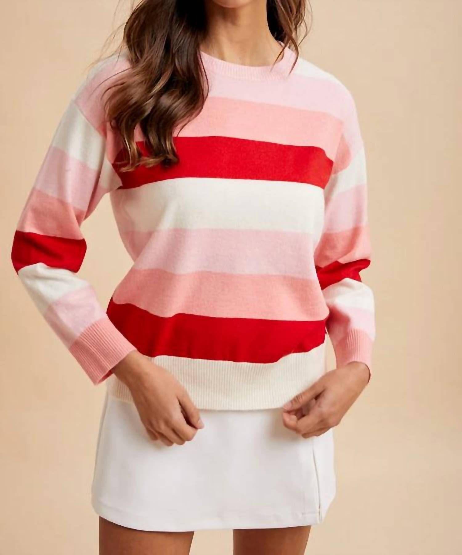 AnnieWear Valentine Color Block Stripe Sweater in pink stripe - women's sweater