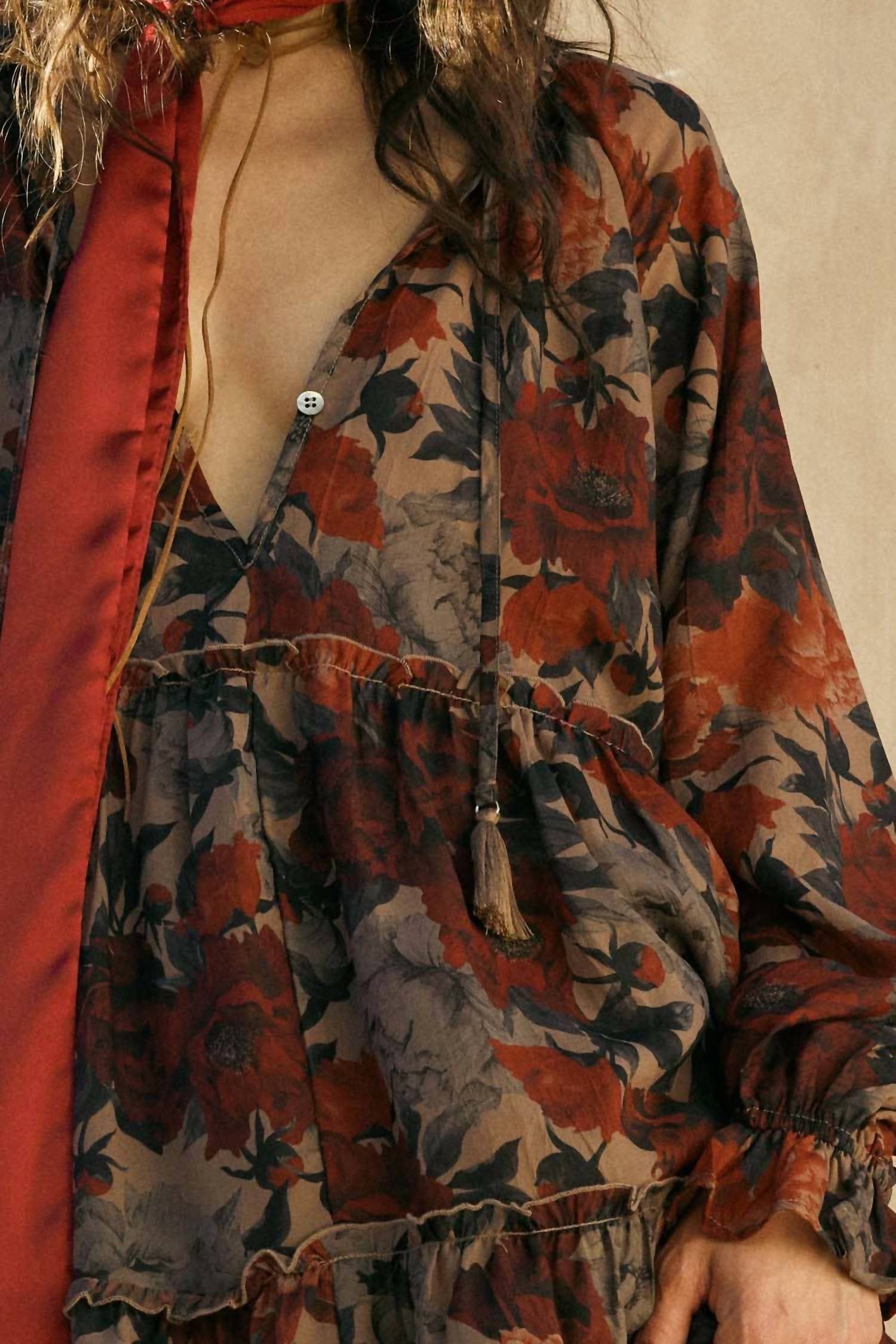 Promesa - Floral-print Tiered Ruffle Long-sleeve Midi Dress