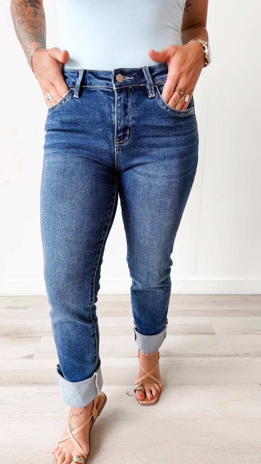 Vervet By Flying Monkey - Mid Rise Cuffed Slim Straight Jeans