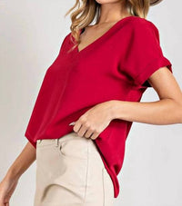 ee:some Cuffed Short Sleeve V-neck Top in wine - women's t-shirt - detail view