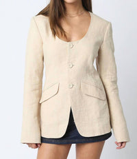 Olivaceous - Linen Scoop Neck Blazer