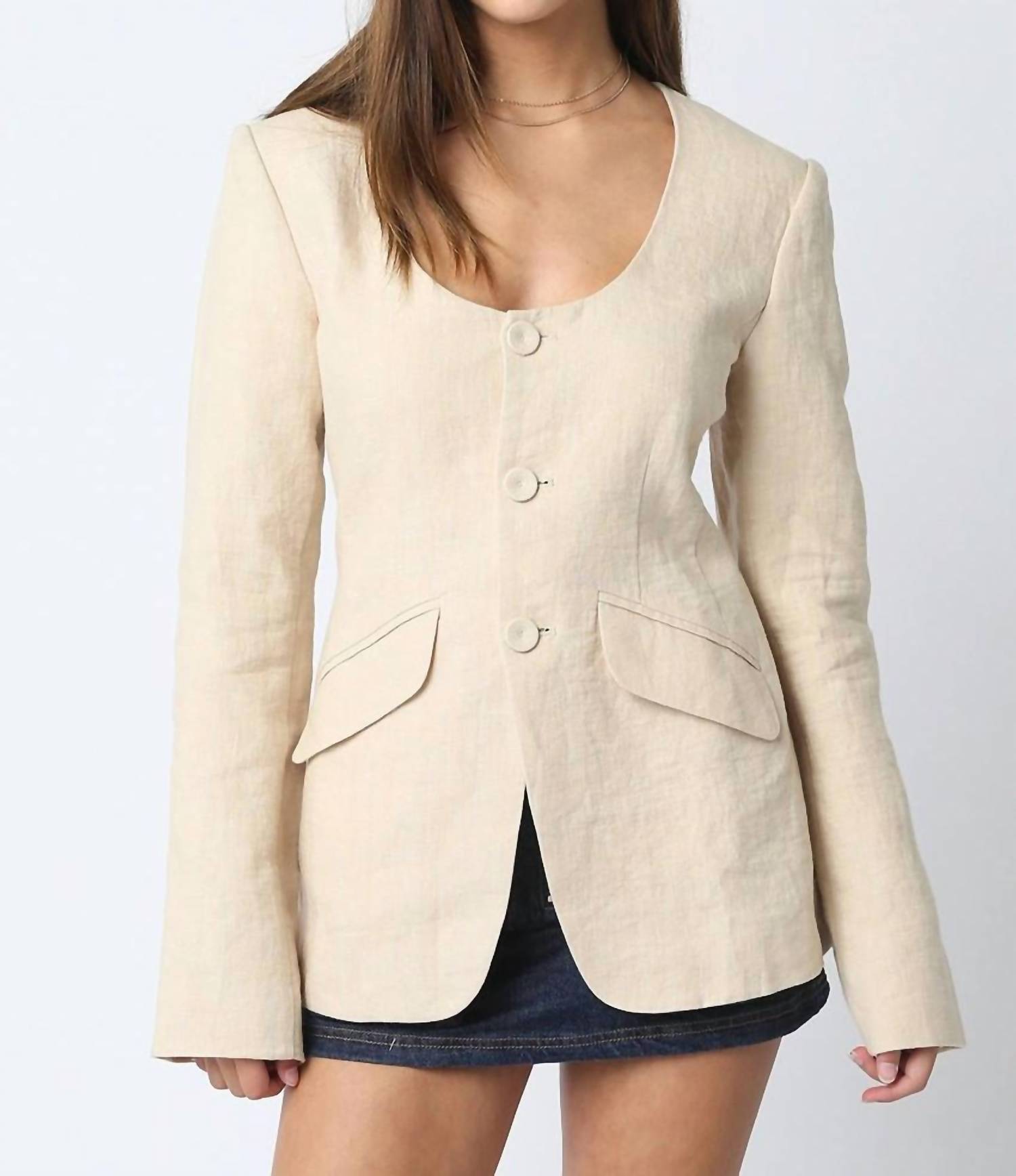 Olivaceous - Linen Scoop Neck Blazer